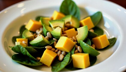 Fresh salad with spinach, diced mango, avocado, and pine nuts on a white plate
