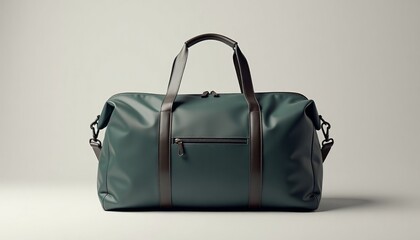 Stylish green duffel bag with leather accents on a neutral background
