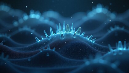 Abstract close-up of crystalline structures with a blue glow on a textured surface
