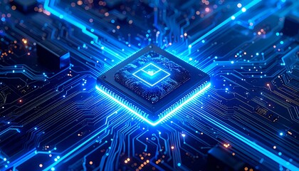 Glowing, futuristic close-up of a central processing unit (CPU) with intricate circuitry and blue light accents