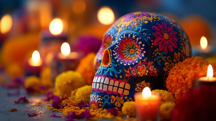 Colorful Sugar Skull and Candlelit Altar for Day of the Dead Celebration