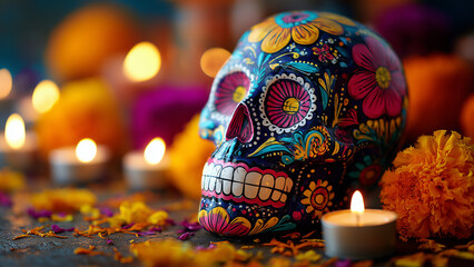 Colorful Sugar Skull and Candlelit Altar for Day of the Dead Celebration