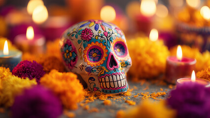 Colorful Sugar Skull and Candlelit Altar for Day of the Dead Celebration