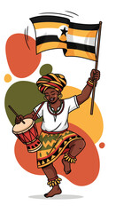 African Woman Dancing with Drum and Ugandan Flag in Traditional Attire