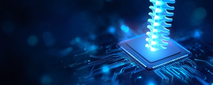 Human spine on microchip. Artificial intelligence in medicine. AI diagnosis, treatment, and research for spinal conditions.