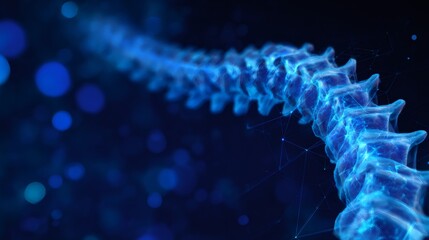 Abstract blue spine with glowing neural network. Digital medical research and future biotechnology concept for health care.