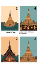 Collection of Illustrated Myanmar Pagodas and Candle Light Offerings in Yangon