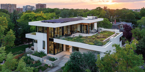 Fototapeta premium Modern Home with Rooftop Garden and Solar Panels