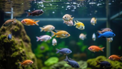 Naklejka premium Colorful Freshwater Fish Swimming in a Vibrant Aquarium Scene