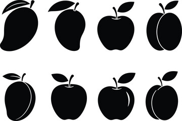 Fruit silhouette icons set, vector illustration of mango, apple, and plum, simple minimal design, healthy organic food, black shapes.