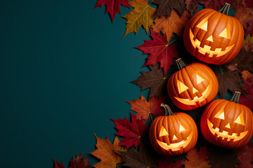 Three carved, glowing jack-o'-lanterns with triangular eyes and teeth, surrounded by vibrant autumn leaves on a dark green background.