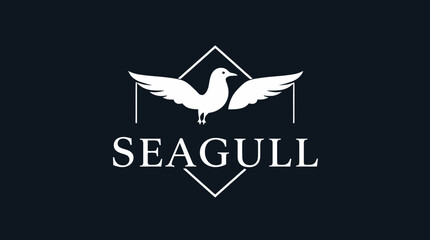 A stylized white seagull logo with outstretched wings, set against a dark background.