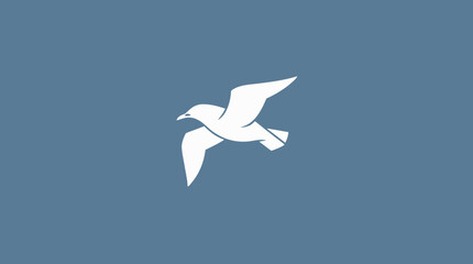 A minimalist illustration of a white seagull soaring against a blue background.