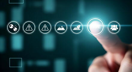 Finger pressing a glowing digital button on a futuristic interface with icons representing business concepts