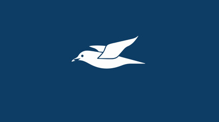 A white bird, possibly a seagull, is depicted in flight against a solid dark blue background.