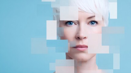 Mature caucasian woman face with digital squares and copy space. Concept of artificial intelligence and facial recognition technology for biometric identification.