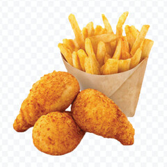realistic 3d delicious fast food icons (fried chicken,  pizza slice , french fries ) set isolated on transparent background
