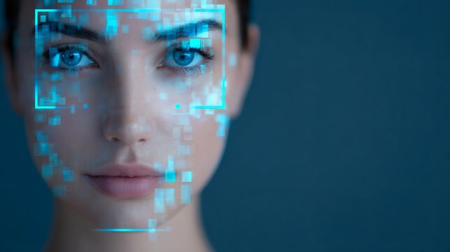 Woman with digital biometric recognition squares overlaying her face. Artificial intelligence security scan for futuristic identification.