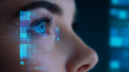 Woman with futuristic digital interface on her eye. Blue luminous data reflects in pupil. Biometric scanning and medical technology.