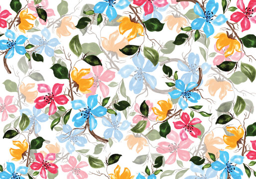 seamless allover abstract floral pattern with abstract blue background flowers texture,Digital textile design