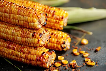 A stack of perfectly roasted corn on the cob with charred kernels, sprinkled with seasoning, with copy space.