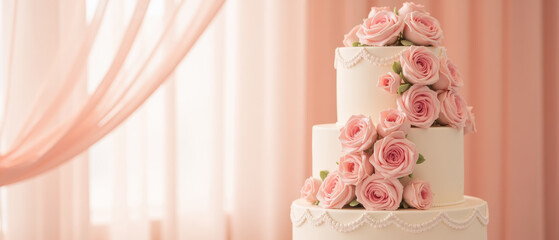 Elegant wedding cake adorned with pink roses, perfect for celebrations and special occasions. soft colors create romantic atmosphere