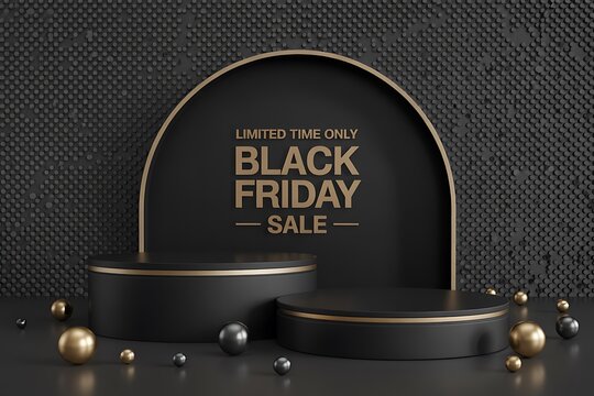 Black friday sale with podium and decorative balls, limited time offer