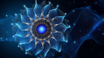 Abstract blue flower design on dark background. Mandala throat chakra blue aura mandala cinematic design throat chakra mandala throat chakra commercial art