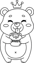 Cartoon bear with honey pot, black and white line art, cute animal character, smiling bear, crown, coloring page, vector sketch