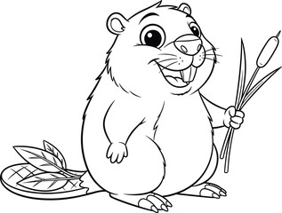 Cartoon beaver holding cattail, black and white line art, cute forest animal, smiling character, coloring page, vector illustration, sketch