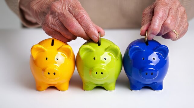 Senior hands putting coins into yellow, green and blue piggy banks, retirement savings strategy and financial security planning for elderly people
