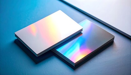 Two stacks of holographic business cards on a blue surface
