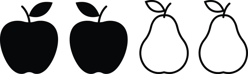 Apple and pear fruit silhouette outline illustration, healthy food vector design, natural fruit clipart, black and white nutrition icons