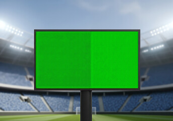 A large green screen scoreboard stands prominently in the center of an empty sports stadium with blue seats and bright lights under a clear sky.