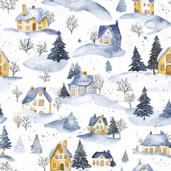 Winter wonderland scene snowy village pattern design digital art aerial view cozy atmosphere
