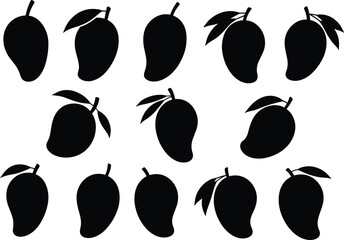 Mango fruit silhouette illustration, tropical fruit vector design, healthy food icon, black mango clipart, natural nutrition graphic, fresh summer fruit art