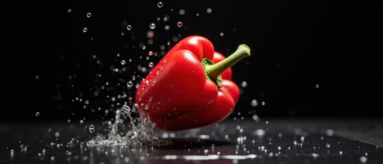 Fresh red bell pepper splashing in water, showcasing vibrant color and dynamic movement, perfect for culinary themes