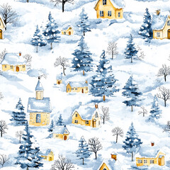 Watercolor pattern of a snowy village with cottages, church steeples, and pine trees blanketed in winter snow, creating a cozy festive landscape