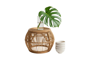 Monstera leaf in vase on rattan table isolated on transparent background