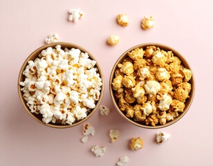 Two bowls of popcorn, one white and one caramel, on a pink background