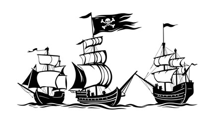 Three vintage pirate ships sailing on a calm sea, black and white illustration.
