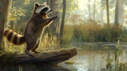 Raccoon standing on log near pond