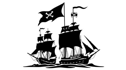Silhouettes of pirate ships and flags arranged in a graphic design.