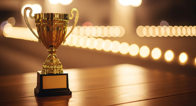 Golden trophy cup on wooden surface with blurred festive lights background