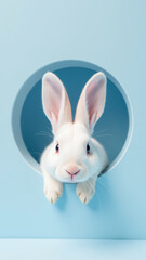 Obraz premium Cute white rabbit peeks through circular hole light blue background, showcasing its soft fur and expressive eyes. This adorable scene evokes sense