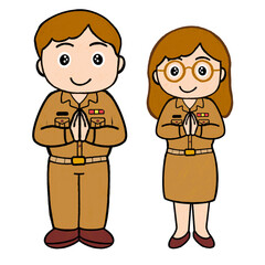 Cute Thai government officer illustration of a man and woman in khaki uniform giving a polite wai greeting. Perfect for educational materials, cultural designs, and official themed projects.