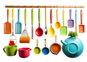 Assorted Colorful Kitchen Utensils and Cookware on Wooden Racks cooking tools hanging isolated on a transparent background
