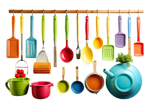 Assorted Colorful Kitchen Utensils and Cookware on Wooden Racks cooking tools hanging isolated on a transparent background