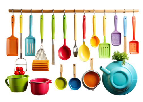 Assorted Colorful Kitchen Utensils and Cookware on Wooden Racks cooking tools hanging isolated on a transparent background