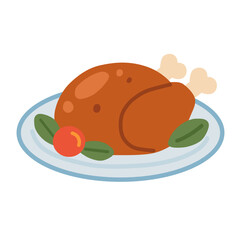 Simple Flat Illustration of Roasted Turkey with Decoration on the Plate